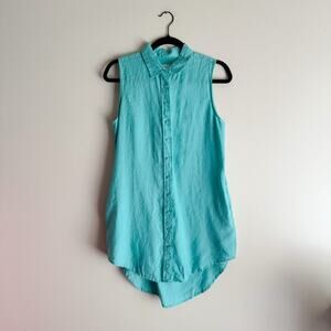 Onia Teal Blue Green Sleeveless Button Up Collared Linen Tunic Blouse Medium